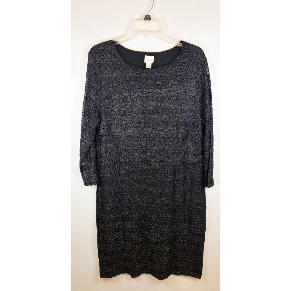 CHICO'S Jill Black Layered Gold Shimmer Metallic Shift Dress Women 2/M Cocktail